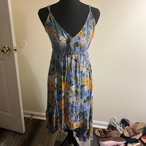 Angie Floral V-Neck Sundress in Light Blue and Yellow